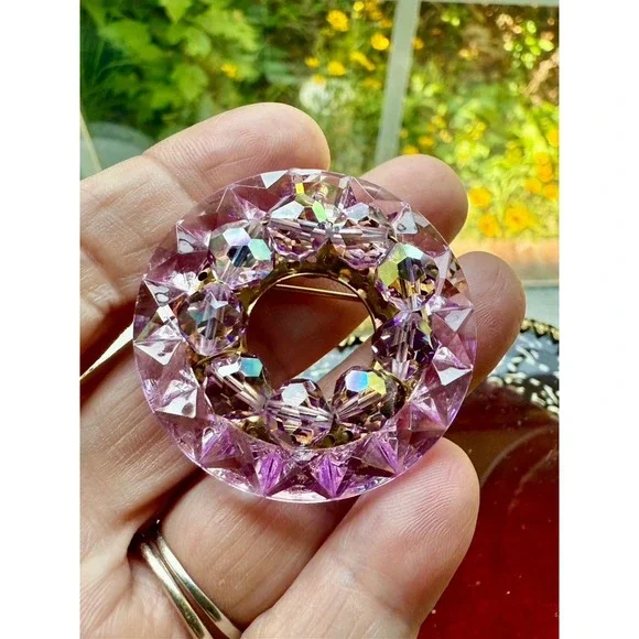 VTG Crystal Brooch Pin Sparkly Rhinestone Round Lavender Purple - Picture 3 of 4